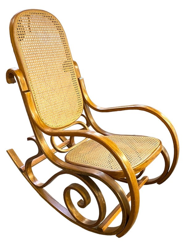 MCM THONET STYLE BENTWOOD AND CANE ROCKING CHAIR: MCM THONET STYLE BENTWOOD AND CANE ROCKING CHAIR -MEASURES -VERY GOOD PR EOWNED CONDITION -DP52824 Bidders may pick up their items from the auction-house or have their items shipped. Some items qualif