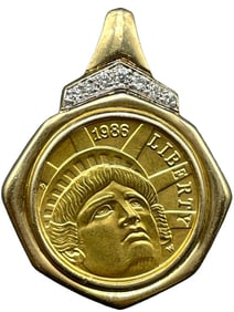 $5 LIBERTY 24k 1988 GOLD COIN IN 14K GOLD PENDANT