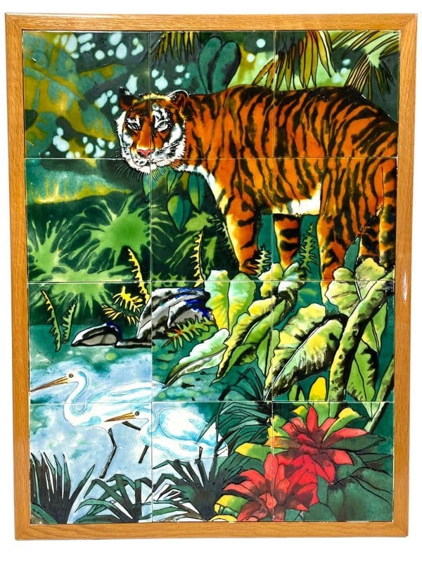 MID CENTURY STYLE TIGER TILE WALL ART PLAQUE 26" (1 of 4)
