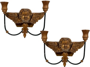 PAIR OF CHERUB CANDLE HOLDER WALL SCONCES 11"