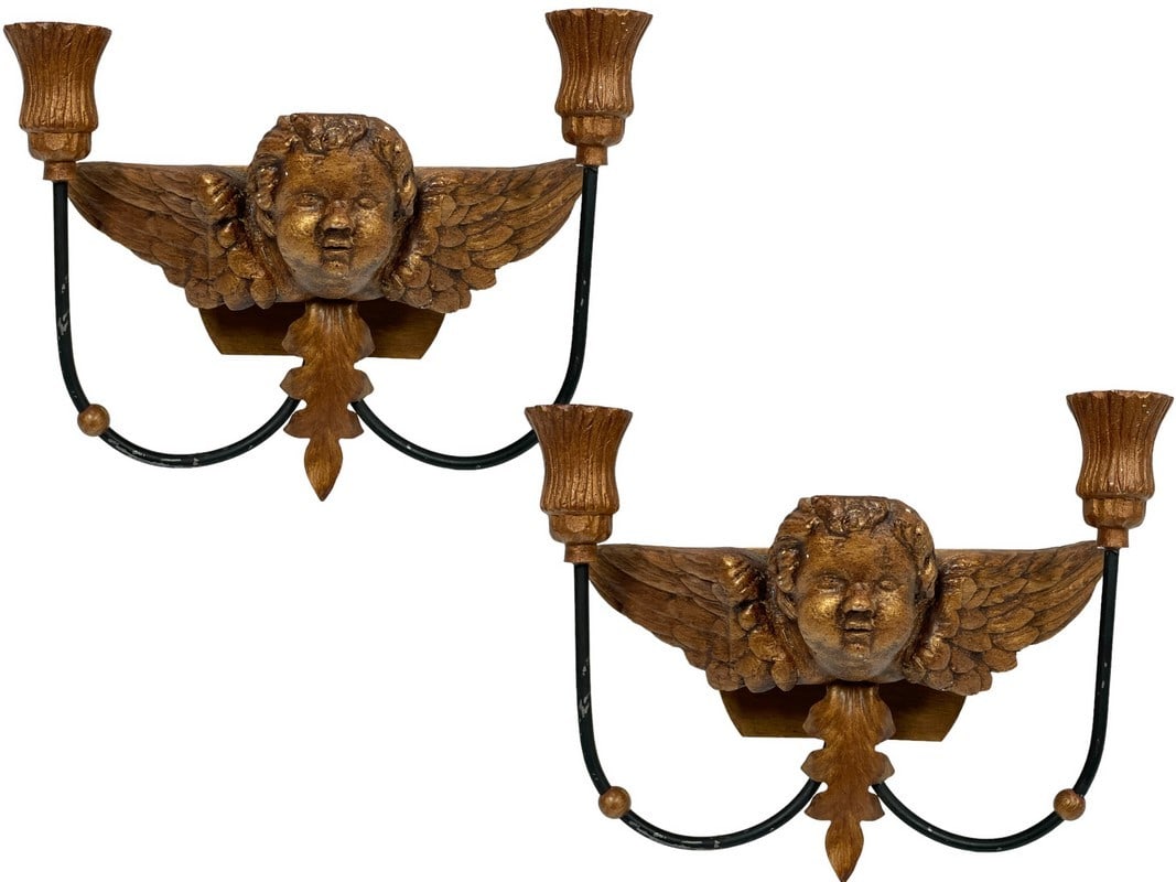 PAIR OF CHERUB CANDLE HOLDER WALL SCONCES 11" (1 of 5)
