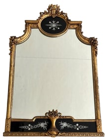 ANTIQUE GOLD GILT AND EBONIZED GLASS MIRROR 43"