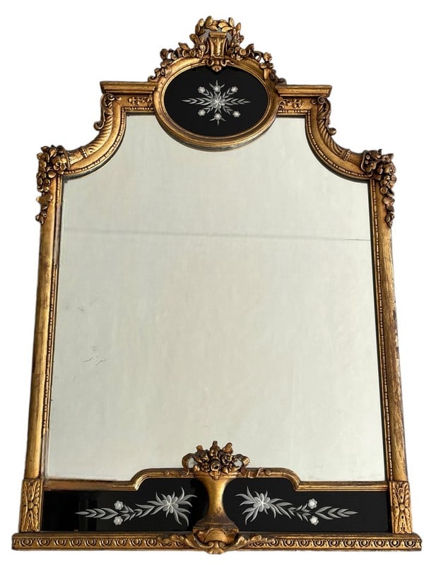ANTIQUE GOLD GILT AND EBONIZED GLASS MIRROR 43": ANTIQUE GOLD GILT AND EBONIZED GLASS MIRROR -43" X 29" APPROX -VERY GOOD PRE OWNED CONDITION -DP62624 Bidders may pick up their items from the auction-house or have their items shipped. Some items qua