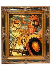 LARGE RALPH WOLFE PRINCE & LEOPARD PAINTING 40.5"