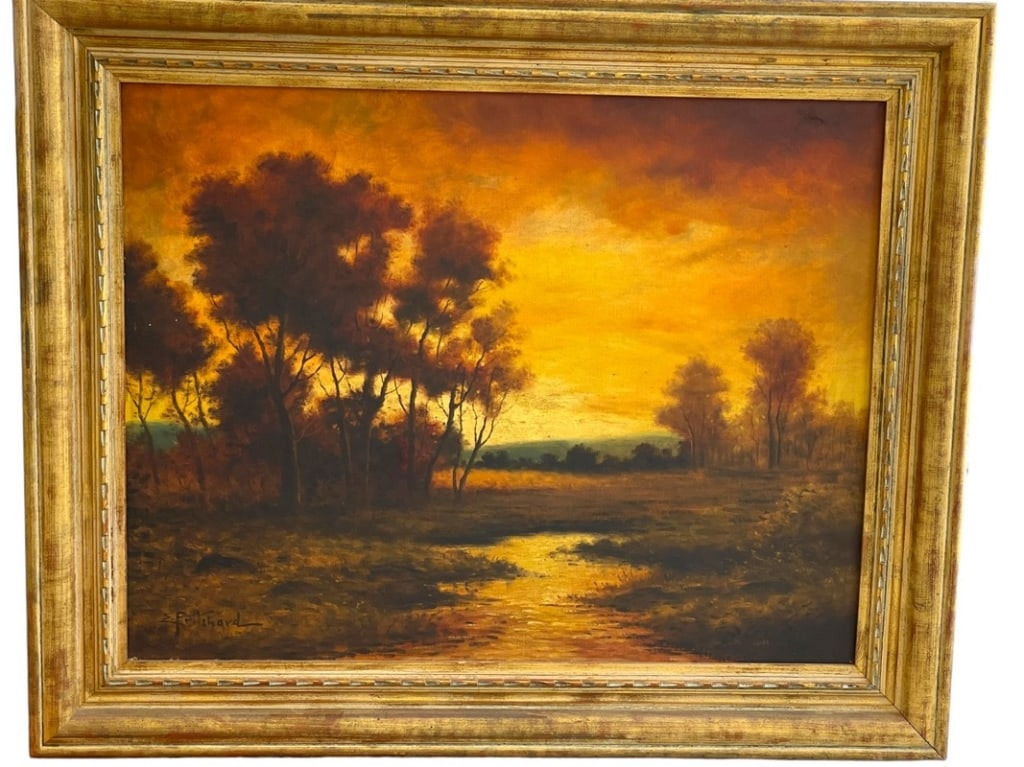 EDWARD PRITCHARD ANTIQUE LANDSCAPE OIL PAINTING: EDWARD PRITCHARD ANTIQUE LANDSCAPE OIL PAINTING -29" X 35" APPROX -VERY GOOD PRE OWNED CONDITION, WEAR TO FRAME , WEAR WITH AGE -DP62624 Bidders may pick up their items from the auction-house or have 