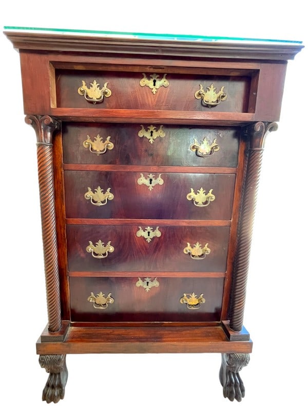 ANTIQUE PA NEOCLASSICAL MAHOGANY CHEST 45.5": 19TH C ANTIQUE PENNSYLVANIA NEOCLASSICAL MAHOGANY LINGERIE CHEST / DRESSER -45.5"H X 30"L X 24"D APPROX -GOOD PRE OWNED CONDITION, MINOR WEAR WITH AGE -DP62624 Bidders may pick up their items f