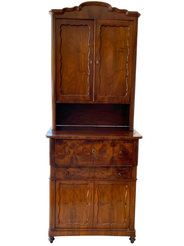ANTIQUE BURLWOOD DESK CABINET 81": ANTIQUE BURLWOOD DESK CABINET WITH TOP MIRRORED BAR -81" X 32.5" X 23" APPROX -GOOD PRE OWNED CONDITION MINOR WEAR WITH AGE -DP62624 Bidders may pick up their items from the auction-house or ha
