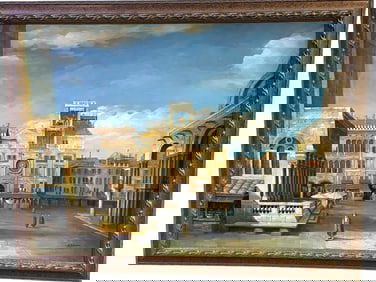 LARGE ITALIAN CITY SQUARE OIL PAINTING 54.5"