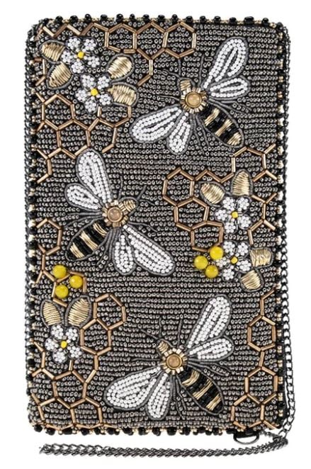 NEW MARY FRANCES BEE AWESOME CROSSBODY HANDBAG: NEW MARY FRANCES BEE AWESOME CROSSBODY HANDBAG -4.75 X 0.5 X 7.75" -STRAP LENGTH TO END 51" -DROP STRAP 25" -REMOVABLE CROSSBODY CHAIN STRAP, FITS CELL HONE Bidders may pick up their items from