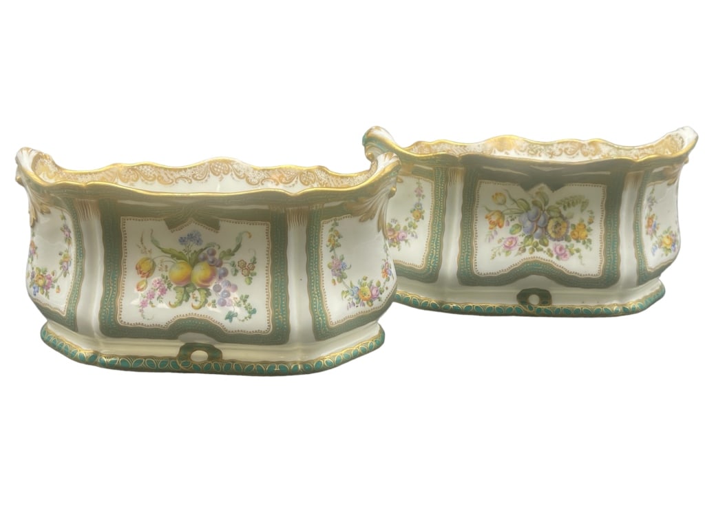 PAIR OF ANTIQUE CUP COOLERS WITH MARKS: PAIR OF ANTIQUE CUP COOLERS WITH MARKS - GOOD ANTIQUE CONDITION. STERR MARK ON BOTTOM OF ONE AND SOME GLAZING- SEE ALL PICTURES -3 3/4' H X 8"L Bidders may pick up their items from the auction-