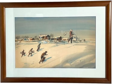 W.A. HANLEY PRINT OF CHILDREN SLEDDING 39"