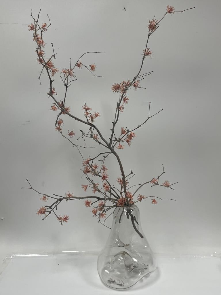 SIGNED MODERN ART GLLASS VASE WITH CHERRY BLOSSOMS: SIGNED MODERN ART GLLASS VASE WITH CHERRY BLOSSOMS -VERY GOOD PREOWNED CONDITION -42"H -VASE 13 X 13 Bidders may pick up their items from the auction-house or have their items shipped. Some ite