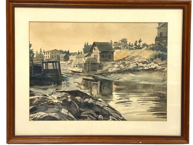 VINTAGE LANDSCAPE WATERCOLOR PAINTING FRAMED 25"