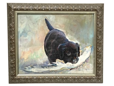 VINTAGE LAB PUPPY CATCHING A FISH OIL PAINTING 12"