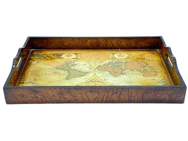 VTG BROWN & IVORY RECTANGULAR MAP TRAY 18"