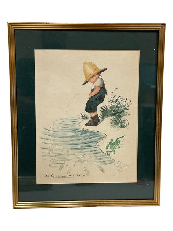 GEORGE REDON "NE BUVEZ JAMAIS D'EAU" VINTAGE PRINT: GEORGE REDON "NE BUVEZ JAMAIS D'EAU" VINTAGE PRINT -19" X 15" APPROX -VERY GOOD PRE OWNED CONDITION WEAR TO FRAME -DP62824 Bidders may pick up their items from the auction-house or have their i