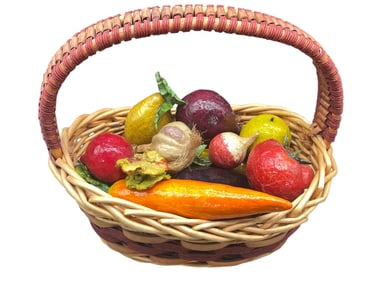 VTG BASKET OF FAUX FRUIT AND VEGETABLES
