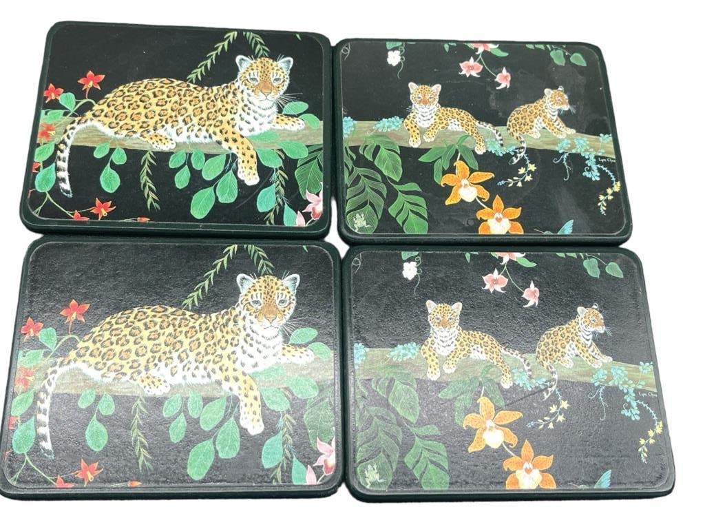 SET OF 4 LYNN CHASE LEOPARD COASTERS: SET OF 4 LYNN CHASE LEOPARD COASTERS -GOOD PREOWNED CONDITION