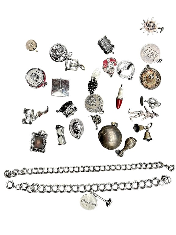LOT OF 26 CHARMS AND 2 STERLING SILVER BRACELETS (1 of 2)