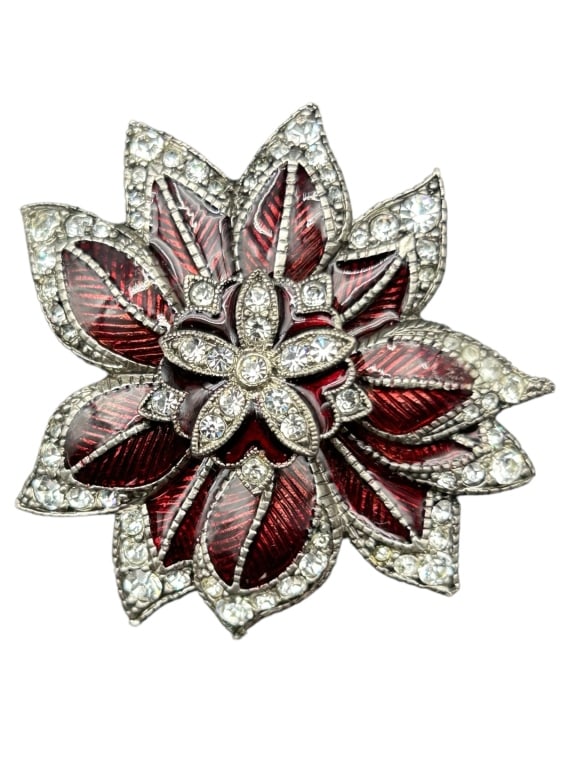 MONET BURGANDY RHINESTONED FLOWER BROOCH: MONET BURGANDY RHINESTONED FLOWER BROOCH -APROX. 2" -VERY GOOD PRE OWNED CONDITION -IMF7324 Bidders may pick up their items from the auction-house or have their items shipped. Some items qualif