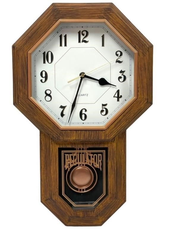 REGULATOR WALL CLOCK REPLICA: REGULATOR WALL CLOCK REPLICA -SIMULATED WOOD AND BRASS -VERY GOOD PRE OWNED CONDITION -DP42224