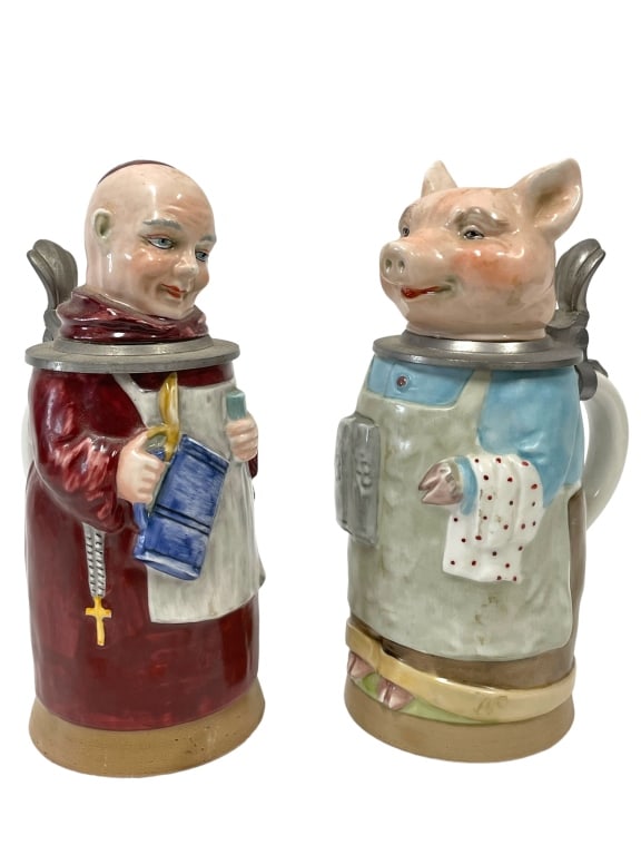 SET OF2 DRESDEN BEER STEINS 9": SET OF 2 DRESDEN BEER STEINS | COLLECTIBLE BARWARE -9" HEIGHT TO TALLEST -GOOD PRE OWNED CONDITION ,SMALL CHIP TO ONE SEE PHOTOS -DP52224