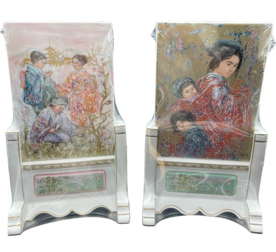 EDNA HIBEL CHA NO YU PORCELAIN TILE THE ART OF TEA: EDNA HIBEL CHA NO YU PORCELAIN TILE THE ART OF TEA - SET OF 2 - PORCELAIN - 12.5" APPROX - VERY GOOD PRE OWNED CONDITION - ORIGINAL PACKAGING - CW41824GLRY