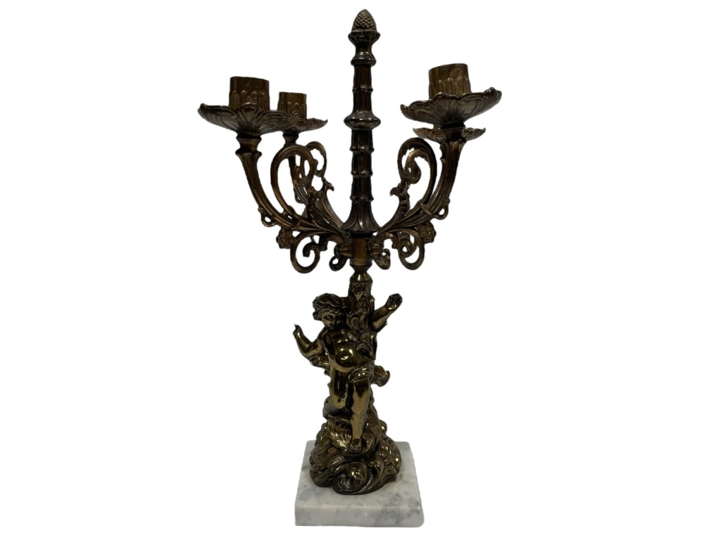VINTAGE BRONZE 4 ARMED CANDLELABRA ON MARBLE BASE: VINTAGE BRONZE 4 ARMED CANDLELABRA ON MARBLE BASE -ITEM CONDITION PRE-OWNED VERY GOOD -MA070524 Bidders may pick up their items from the auction-house or have their items shipped. Some items qu
