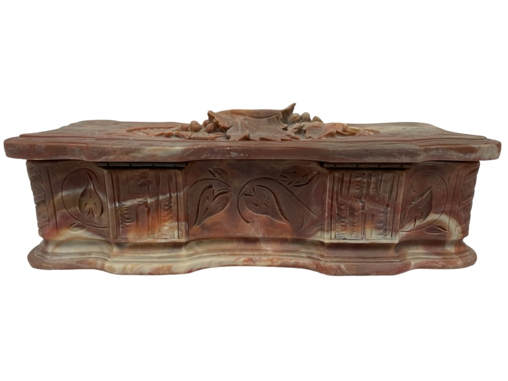 VINTAGE INLAY STONE JEWELRY BOX: VINTAGE INLAY STONE JEWELRY BOX -3" X 11" X 4" APPROX -GOOD PRE OWNED CONDITION, MINOR CHIP TO ONE LEAVE -MA070524 Bidders may pick up their items from the auction-house or have their items shi