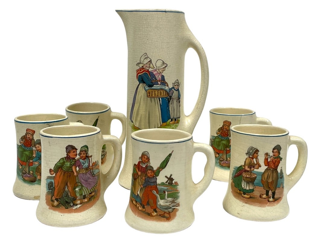 ANTIQUE ROSEVILLE CREAMWARE TANKARD & 6 MUGS (1 of 12)