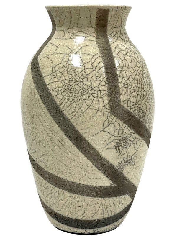 WHITE CRACKLE AND CARBON RAKU CERAMIC VASE 14" (1 of 6)