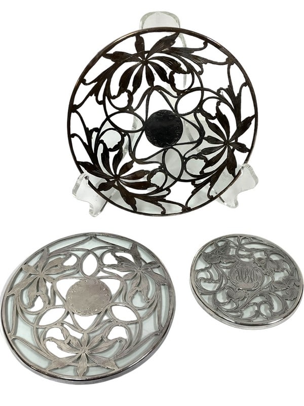 3 STERLING SILVER & GLASS OVERLAY TRIVET 6.5" (1 of 11)