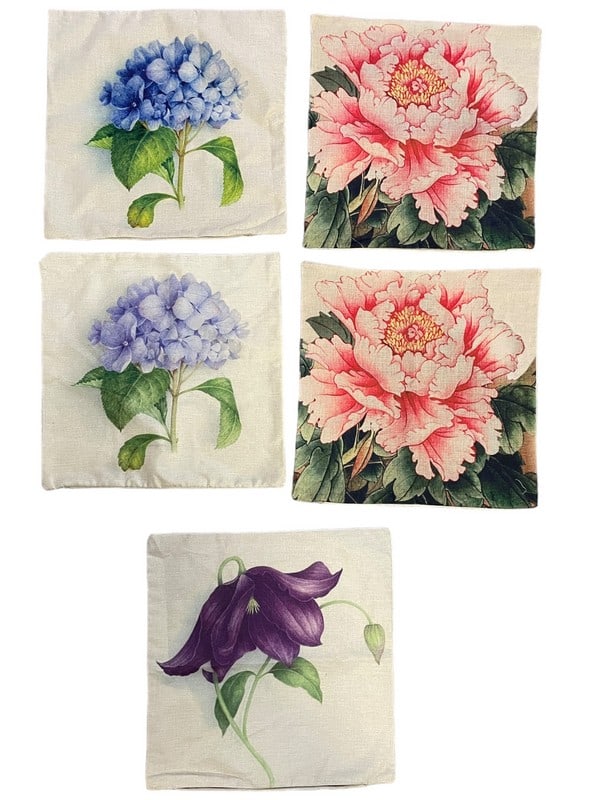 SET OF 5 FLORAL PILLOW CASES 17": SET OF 5 FLORAL PILLOW CASES -17" X 17" APPROX EACH -NEW UNUSED CONDITION -DP7824 Bidders may pick up their items from the auction-house or have their items shipped. ***All items must be picked