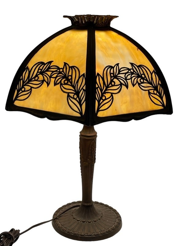 VINTAGE CURVED SLAG GLASS TABLE LAMP 23" (1 of 11)