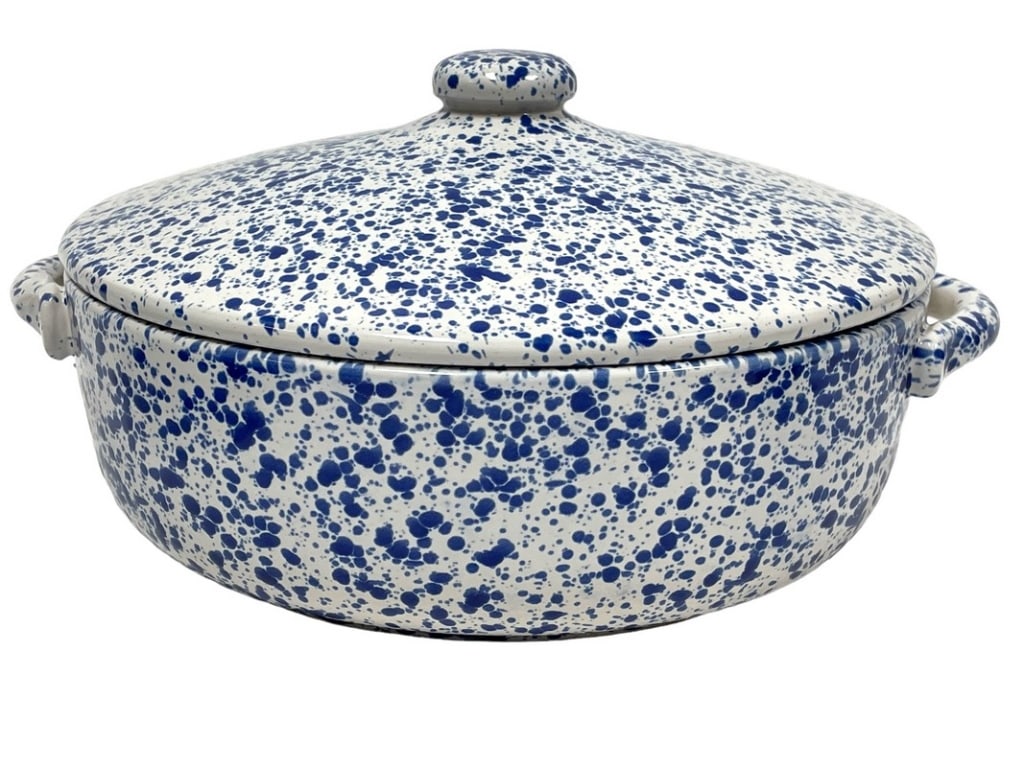 COCHE WHITE AND BLUE SPECKLED STONEWARE POT 10" (1 of 5)