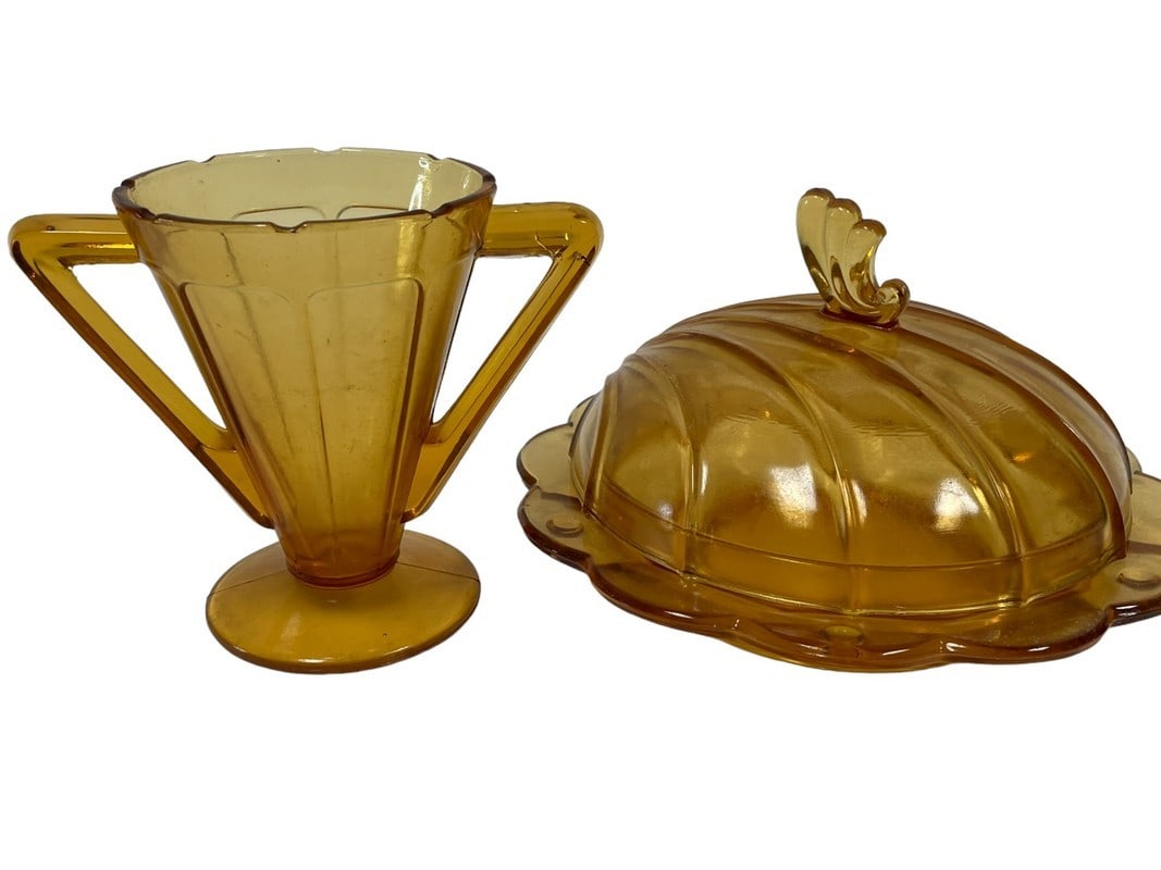 AMBER GLASS SERVING DISH AND GLASS (1 of 7)