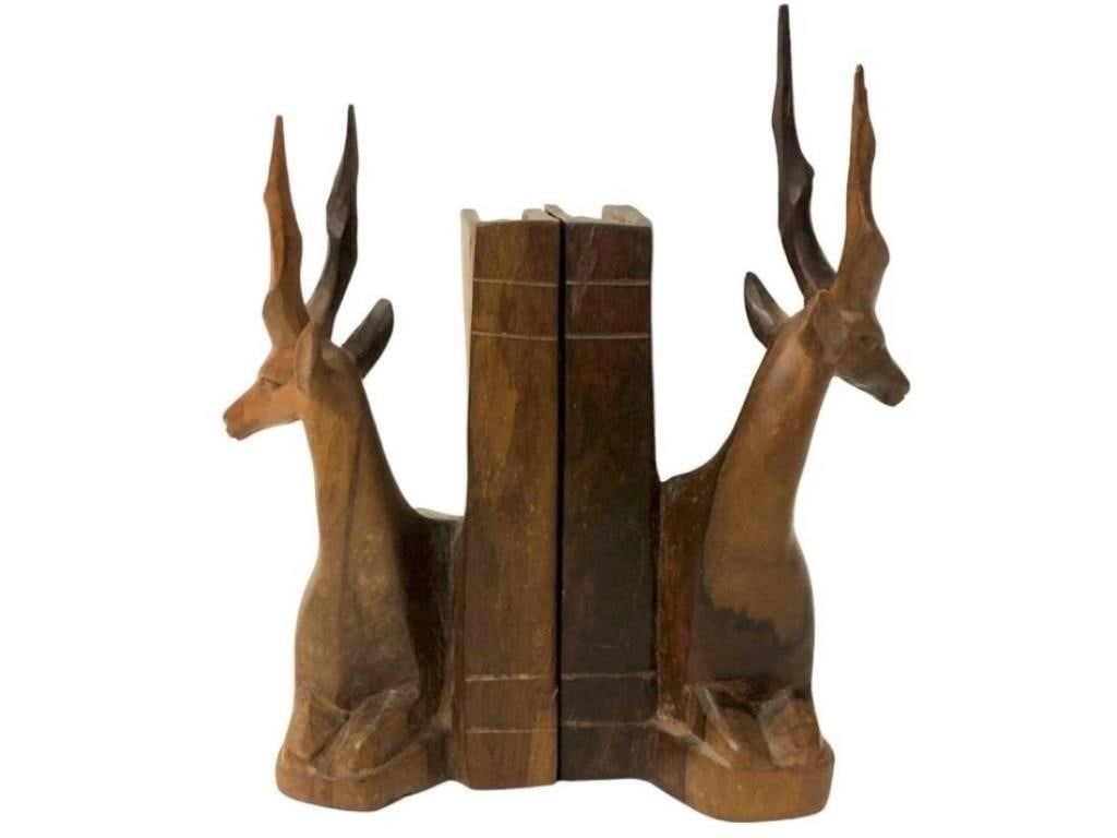 HAND CARVED WOODEN ANTELOPE BOOKENDS 6" (1 of 7)