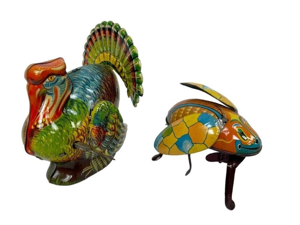 VINTAGE CHIEN WIND UP TURKEY & BUG TIN TOYS: PAIR OF CHIEN WIND UP TURKEY AND BUG TIN TOYS | VINTAGE COLLECTIBLE TIN TOYS -GOOD PRE OWNED CONDITION -DP1524GLRY