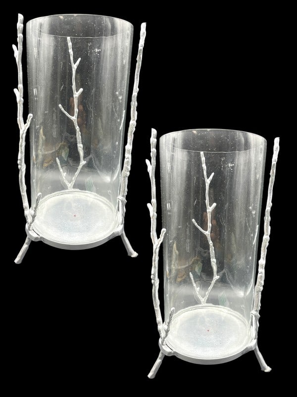 LARGE SILVER METAL & GLASS TWIG CANDLE HOLDERS 14" (1 of 4)