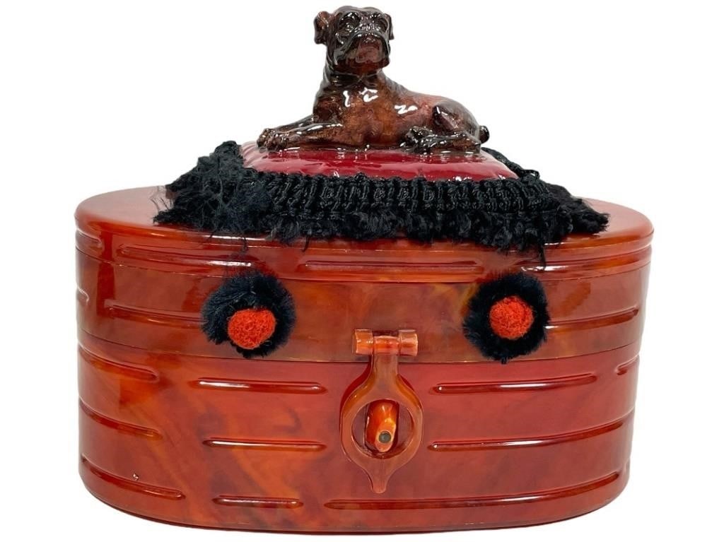VINTAGE ASIAN RESTING DOG LUCITE ACRYLIC JEWELRY: VINTAGE ASIAN RESTING DOG LUCITE ACRYLIC JEWELRY / SEWING BOX -7" X 7" X 4" APPROX -VERY GOOD PRE OWNED CONDITION,MINOR WEAR -MA071524 Bidders may pick up their items from the auction-house or