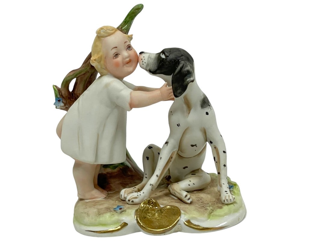 PORCELAIN BISQUE BARE BUTT BABY W DOG FIGURINE 4" (1 of 7)