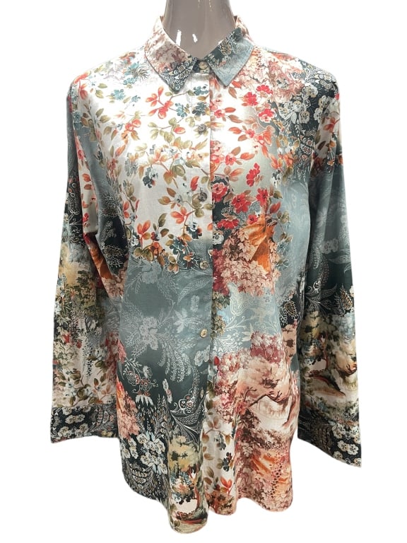 JOHNNY WAS CALME ORGANIC COTTON BLOUSE L: JOHNNY WAS CALME PRINTED LONG SLEEVE BLOUSE -ITEM CONDITION VERY GOOD -SIZE LARGE -MATERIAL 100% ORGANIC COTTON -MA071124 Bidders may pick up their items from the auction-house or have their it