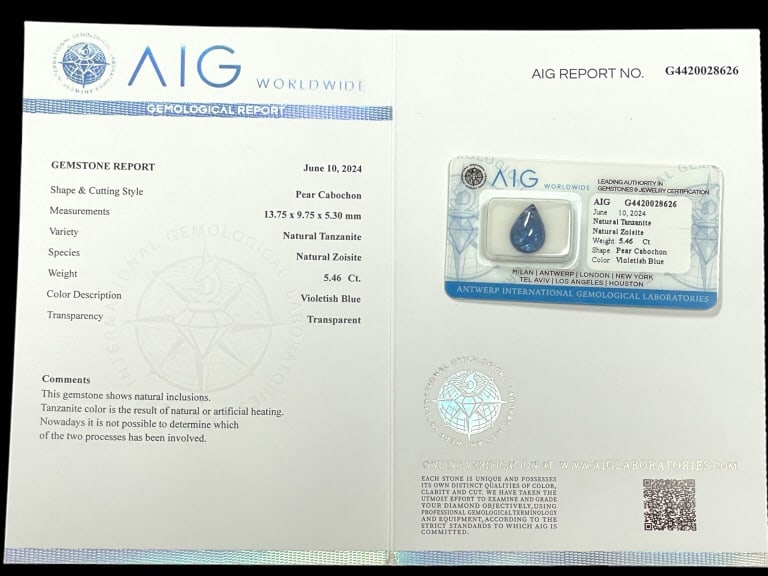 5.46CT TANZANITE GEMSTONE RETAIL $800: 5.46CT TANZANITE GEMSTONE AIG MILAN SEALED CERTIFIED -DP72224 Bidders may pick up their items from the auction-house or have their items shipped. Some items qualify for in-house shipping. 