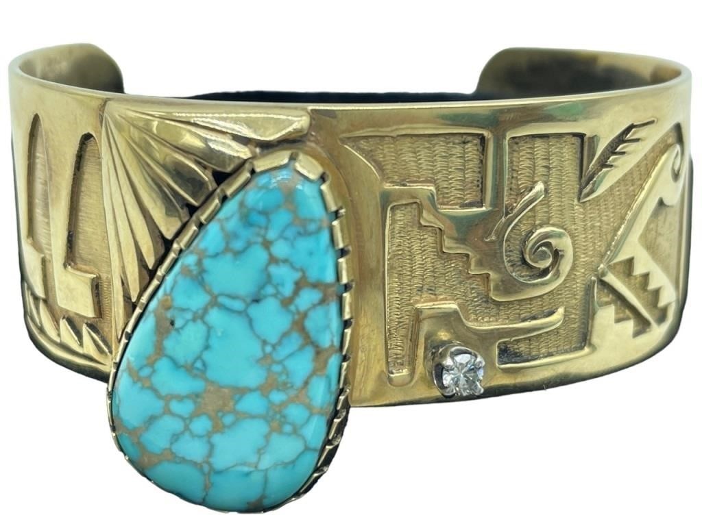 NAVAJO 14k GOLD DIAMOND & TURQUOISE CUFF BRACELET (1 of 11)