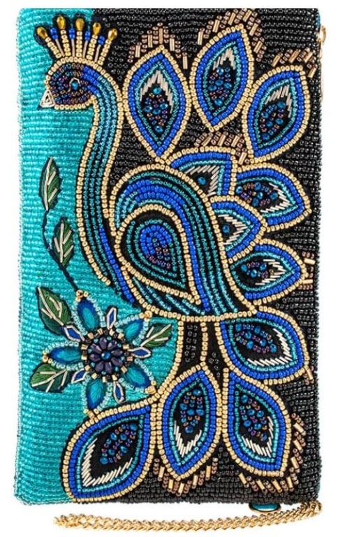 NEW MARY FRANCES PEACOCK PRIDE CROSSBODY HANDBAG: NEW MARY FRANCES PEACOCK PRIDE CROSSBODY HANDBAG -DIMENSIONS: 4.75 x 0.5 x 7.75 -STRAP LENGTH: 49 -STRAP DROP: 23 -FEATURES: Removable crossbody chain strap, top compartment, side zipper compartment, 