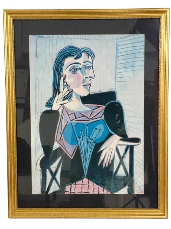 PABLO PICASSO PORTRAIT OF DORA MAAR PRINT 33": PABLO PICASSO PORTRAIT OF DORA MAAR PRINT IN GOLD GILT FRAME -33" X 25" APPROX TO FRAME -GOOD PRE OWNED CONDITION, POSSIBLE FADING -DP91422 Bidders may pick up their items from the auction-hous