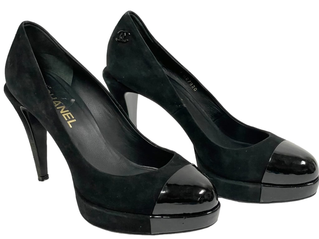 CHANEL BLACK SUEDE CAP TOE PLATFORM PUMPS SZ 39 (1 of 7)