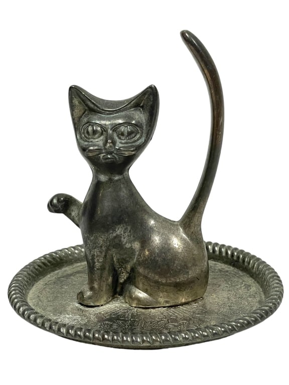 VINTAGE KITTEN CAT PEWTER SILVER RING HOLDER 3" (1 of 5)