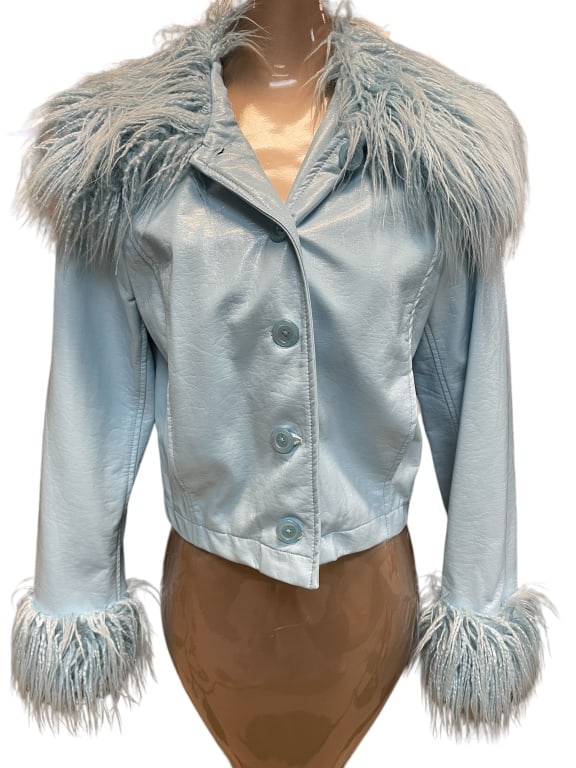 URBAN OUTFITTER BLUE FAUX FUR JACKET: URBAN OUTFITTER BLUE FAUX FUR JACKET -ITEM CONDITION PRE-OWNED VERY GOOD -SIZE MEDIUM -MA072424