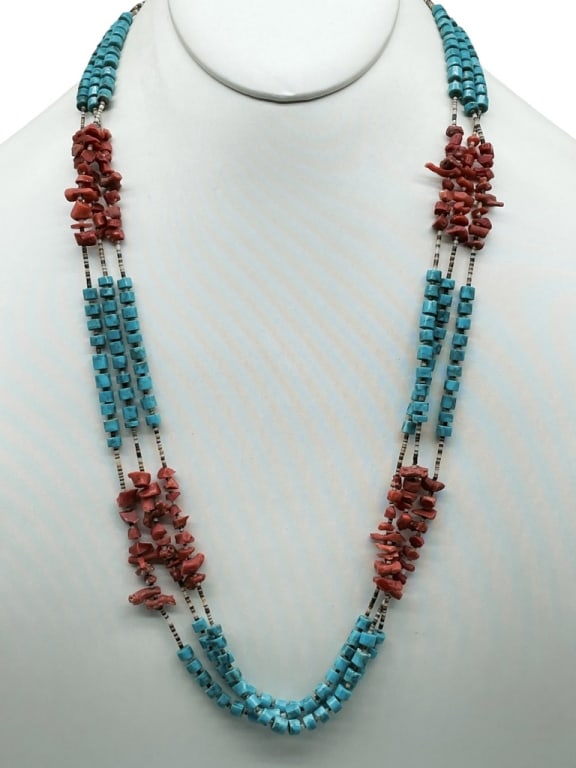 TRIPLE STRAND TURQUOISE HEISI & CORAL NECKLACE (1 of 3)